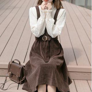 Frill Trim Corduroy Panel Mock Two-piece Dress