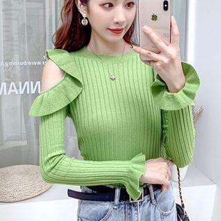 Bell-sleeve Off-shoulder Ruffle Trim Ribbed Knit Top