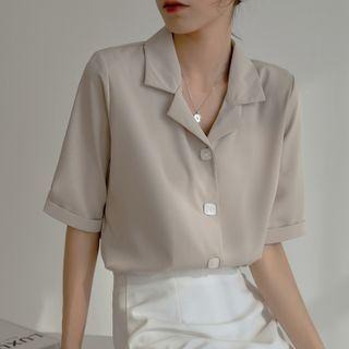 Elbow-sleeve Notch Lapel Chiffon Blouse