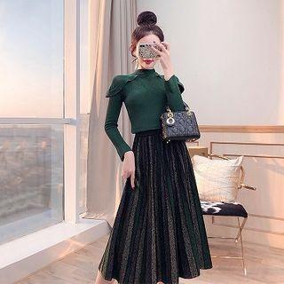 Set: Long-sleeve Knit Top + Glitter Midi A-line Skirt