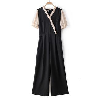 Short-sleeve Pleated Trim Wide-leg Jumpsuit