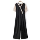 Short-sleeve Pleated Trim Wide-leg Jumpsuit
