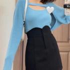 Cropped Sweater / Knit Camisole Top / High Waist Mini Pencil Skirt / Set