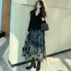 Set: Mesh Trim Ruffled Cardigan + Embroidered Maxi A-line Mesh Skirt