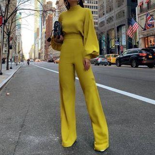 Puff-sleeve Mock-neck Jumpsuit