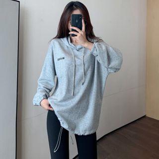 Lettering Print Drawstring Hoodie Grayish Blue - One Size