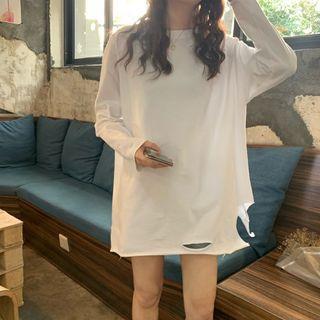 Distressed Plain Loose-fit Long-sleeve Top White - One Size