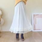 Lace-trim Long Pleated Mesh Skirt