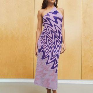 One Shoulder Color-block Striped Knitted Midi Dress