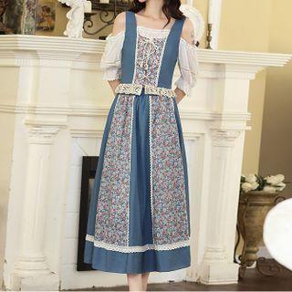 Set: Short-sleeve Cold-shoulder Floral Top + Midi A-line Skirt