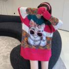 Cat-print Oversized Knit Sweater As Figure - One Size