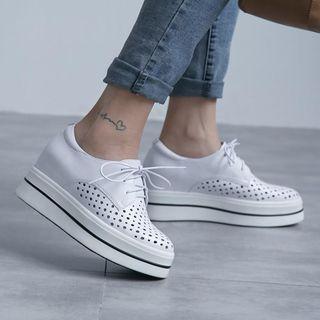 Genuine Leather Perforated Lace-up Platform Sneakers