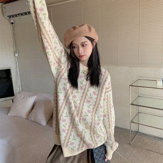 Round-neck Floral Oversize Sweater Almond - One Size