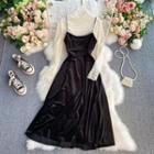 Set:lapel Plain Long-sleeve Top+velvet Plain Dress