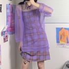 Set: Spaghetti Strap Plaid Mini Sheath Dress + Long Sleeve Plain Mesh Top