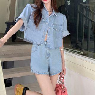 Short-sleeve Cropped Denim Shirt / High-waist Denim Shorts
