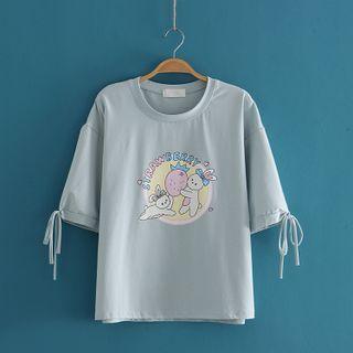 Rabbit Print Over-sized Round Neck Short Sleeve T-shirt