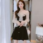 Tie-neck Puff-sleeve Rhinestone Paneled A-line Dress