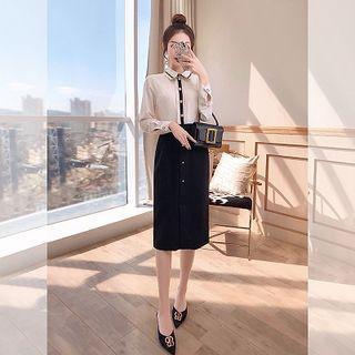 Long-sleeve Color Block Rhinestone Accent Dress