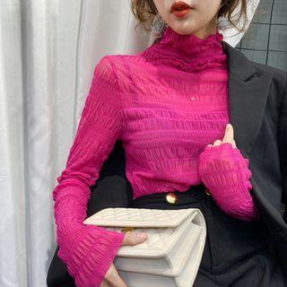 Mock-turtleneck Long-sleeve Crinkle Top