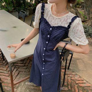 Short-sleeve Lace Top / Button-up Plaid Midi Overall Dress
