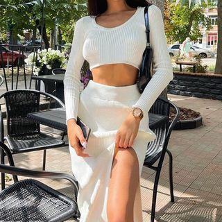Set: Long-sleeve Ribbed Crop Top + Slit Ribbed Midi Skirt