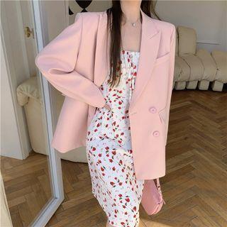 Plain Blazer / Spaghetti Strap Flower Print Midi Sheath Dress