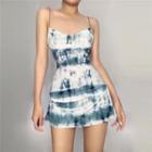Spaghetti Strap Tie-dyed Ruched Mini Dress