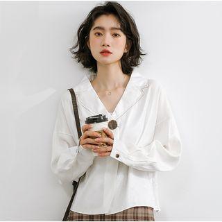 Contrast Stitching Blouse White - One Size