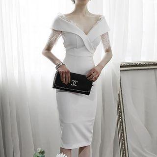 Short-sleeve Lace Panel Sheath Cocktail Dress