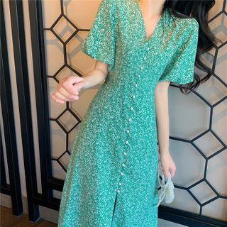Puff-sleeve Floral Printed Single Breasted Dress