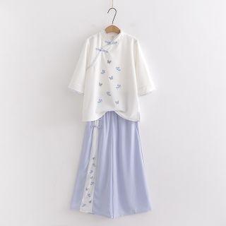 Elbow-sleeve Frog Buttoned Top / Wide-leg Pants / Set