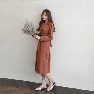 Tie-waist Long-sleeve Midi Dress