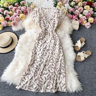 Tie-waist V-neck Short-sleeve Printed Dress