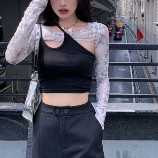 Long-sleeve Print Shawl / Sleeveless Plain Cropped Top