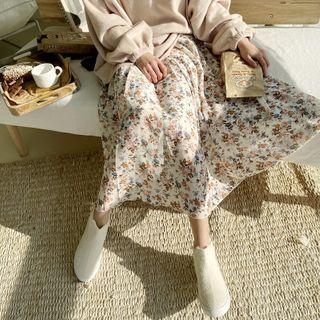 Band-waist Floral Chiffon Long Skirt Ivory - One Size
