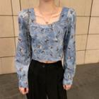 Flower Print Cropped Blouse Floral - Blue - One Size