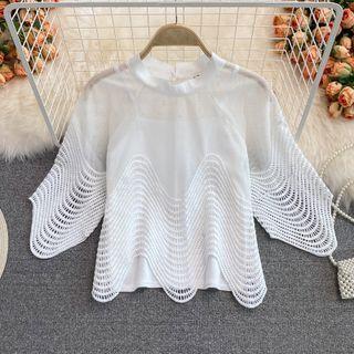 Eyelet Mesh Panel Chiffon Blouse White - One Size