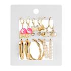 9 Pair Set: Faux Pearl / Rhinestone / Alloy Earring (various Designs) 54424 - Set Of 9 Pairs - Gold - One Size