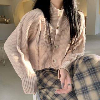 Mock-neck Cropped Cardigan / Plaid Wide Leg Pants / Set