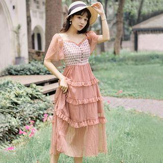 Puff-sleeve Plaid Tiered A-line Midi Dress