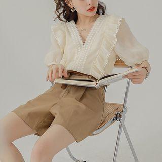 Puff-sleeve Lace Trim Ruffle Blouse