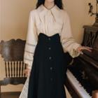 Set: Long-sleeve Blouse + Button Midi A-line Skirt