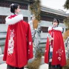 Fluffy Trim Embroidered Hooded Hanfu Cape Coat Red - One Size