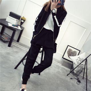 Set: Contrast Trim Knit Zip Jacket + Knit Harem Pants
