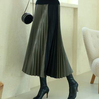 Contrast-panel Faux-leather Long Pleated Skirt