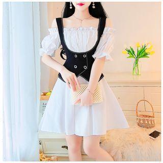 Set: Off-shoulder Frill Trim A-line Dress + Double-breasted Vest