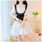 Set: Off-shoulder Frill Trim A-line Dress + Double-breasted Vest