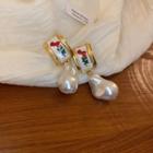 Flower Glaze Faux Pearl Dangle Earring 1 Pair - Stud Earrings - Red & Green & White & Gold - One Size