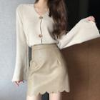 Bell-sleeve V-neck Cardigan / Faux Leather Scallop Hem A-line Skirt